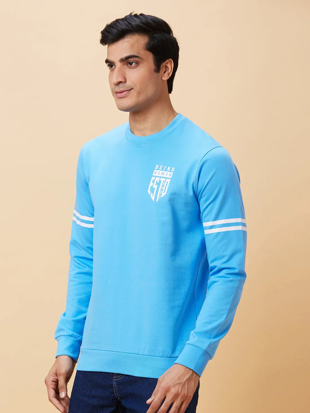 Blue Regular Fit Round Neck Long Sleeves Men's Sweatshirt by Being Human Clothing - Image 3