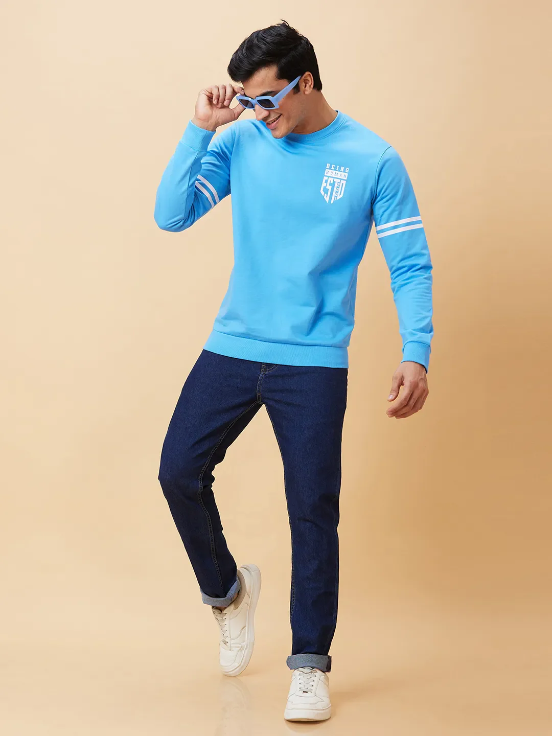 Blue Regular Fit Round Neck Long Sleeves Men's Sweatshirt by Being Human Clothing - Image 5