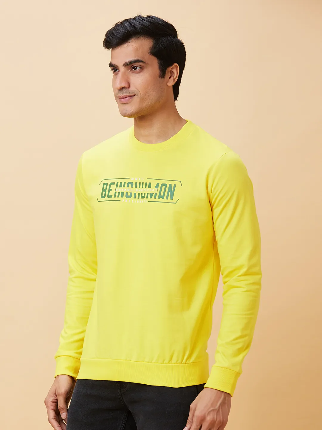 Yellow Regular Fit Round Neck Long Sleeves Men's Sweatshirt by Being Human Clothing - Image 2