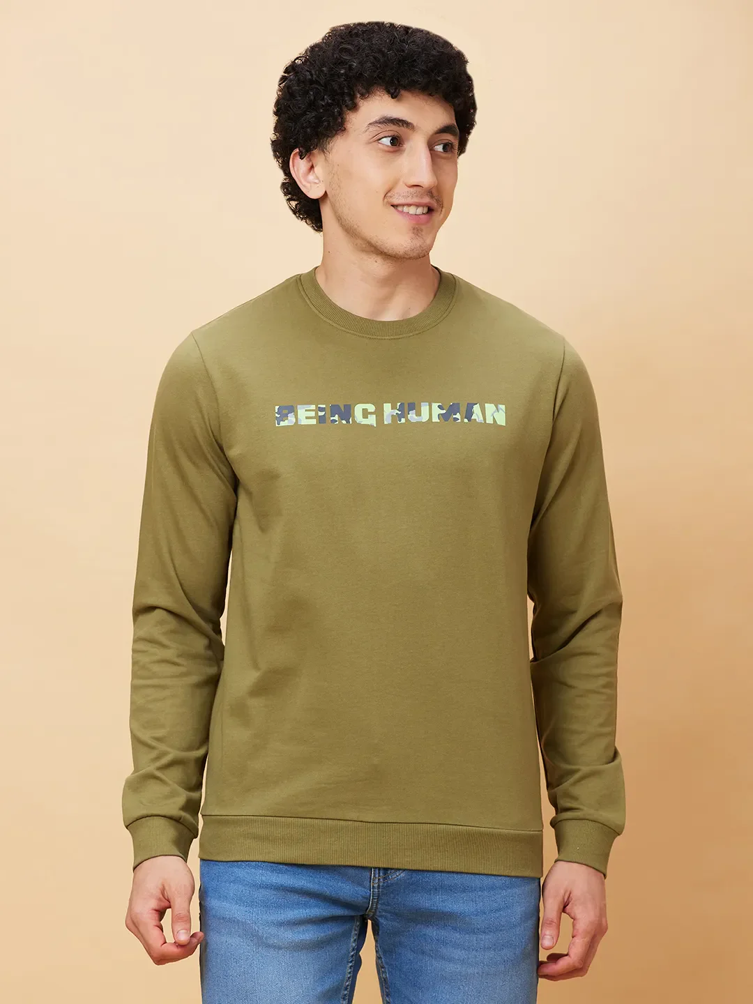 Olive Regular Fit Round Neck Long Sleeves Men's Sweatshirt by Being Human Clothing