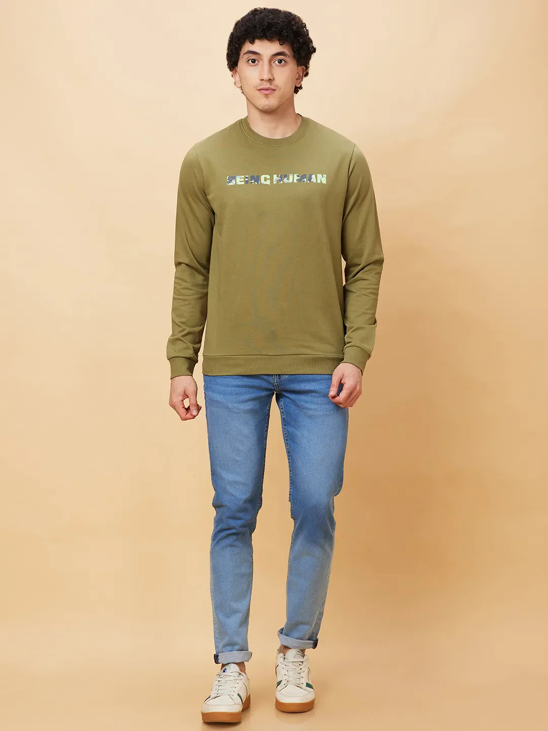 Olive Regular Fit Round Neck Long Sleeves Men's Sweatshirt by Being Human Clothing - Image 2