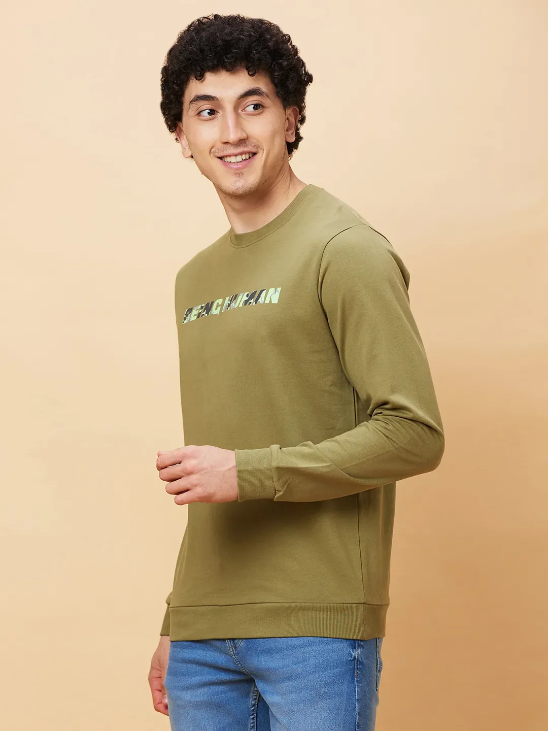 Olive Regular Fit Round Neck Long Sleeves Men's Sweatshirt by Being Human Clothing - Image 4