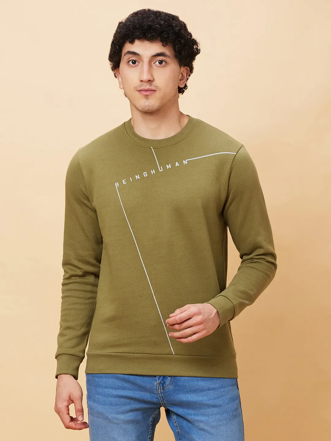 Olive Regular Fit Round Neck Long Sleeves Men's Sweatshirt by Being Human Clothing - Image 5