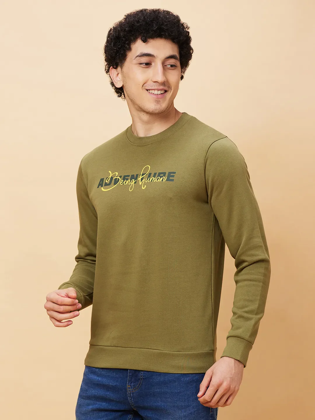 Olive Regular Fit Round Neck Long Sleeves Men's Sweatshirt by Being Human Clothing - Image 4