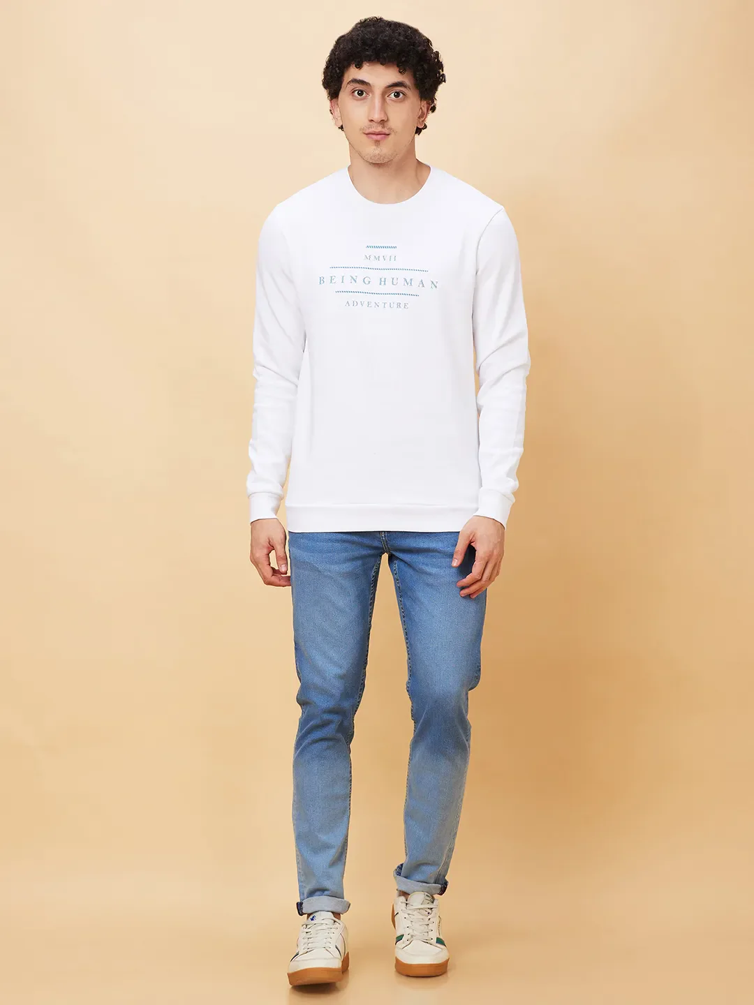 White Regular Fit Round Neck Long Sleeves Men's Sweatshirt by Being Human Clothing - Image 2