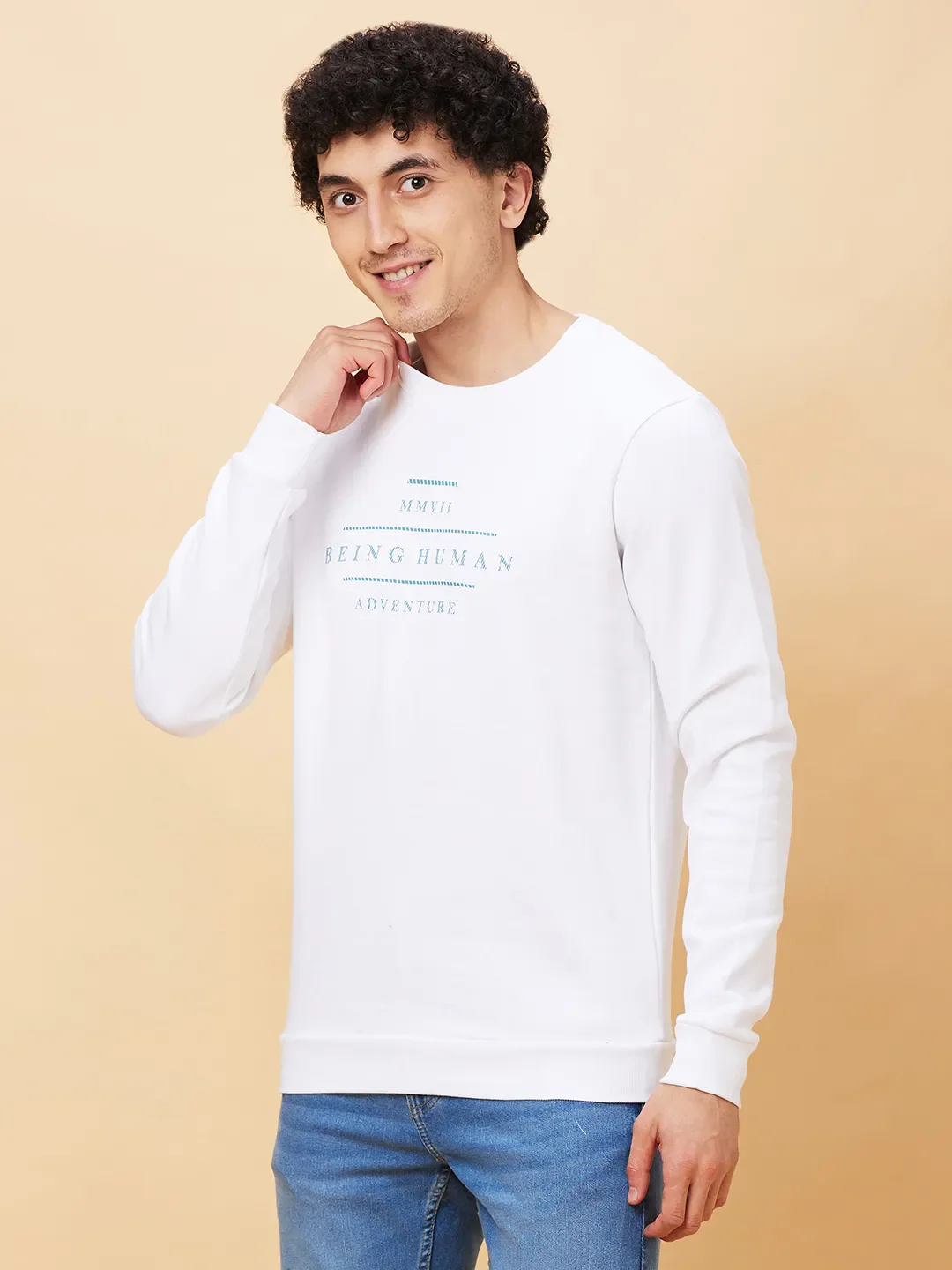 White Regular Fit Round Neck Long Sleeves Men's Sweatshirt by Being Human Clothing - Image 4