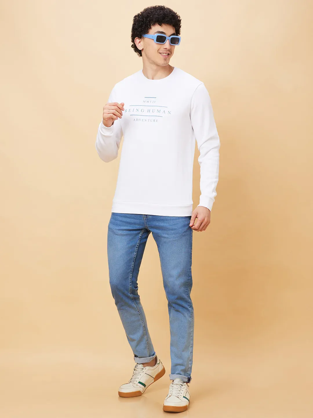 White Regular Fit Round Neck Long Sleeves Men's Sweatshirt by Being Human Clothing - Image 6