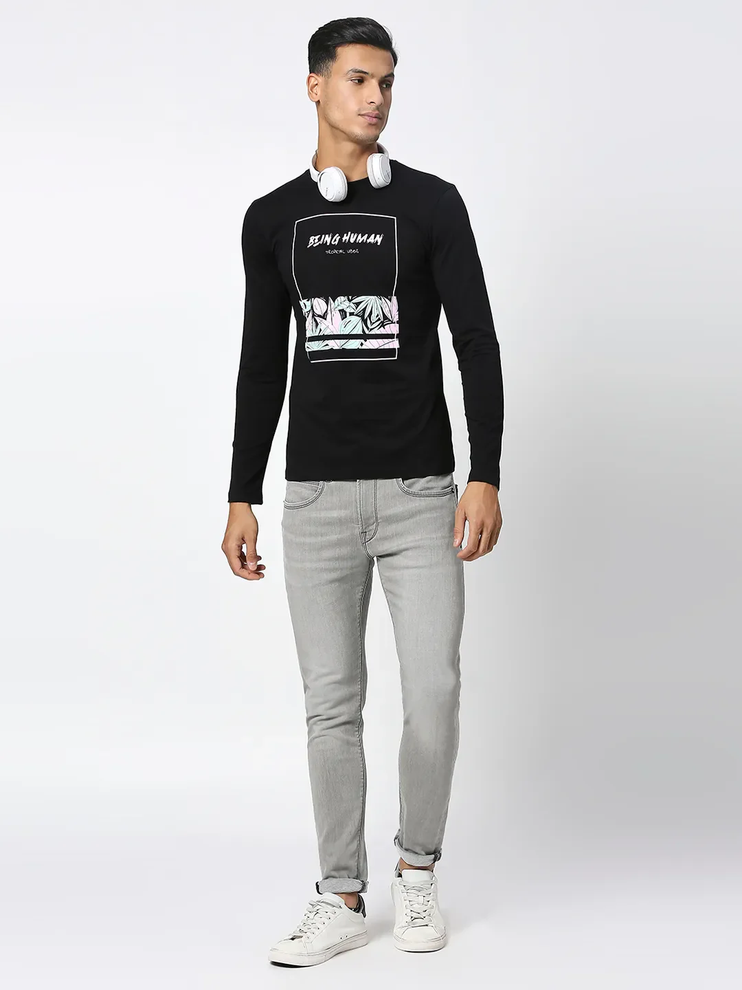Black Regular Fit Men's Long Sleeves T-Shirt by Being Human Clothing