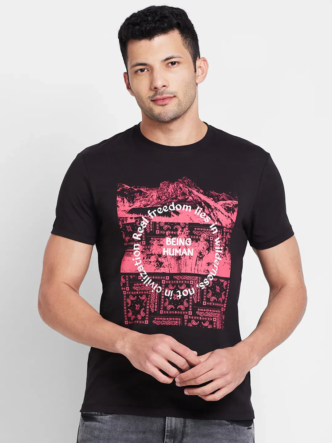 Black Regular Fit Round Neck Men's T-Shirt by Being Human Clothing