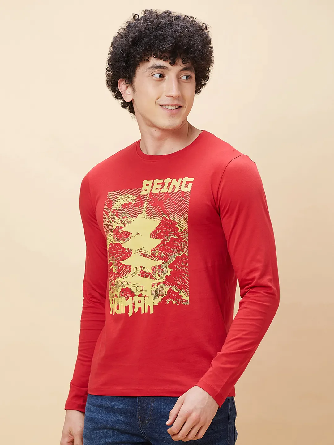 Red Regular Fit Men's Long Sleeves T-Shirt by Being Human Clothing - Image 3