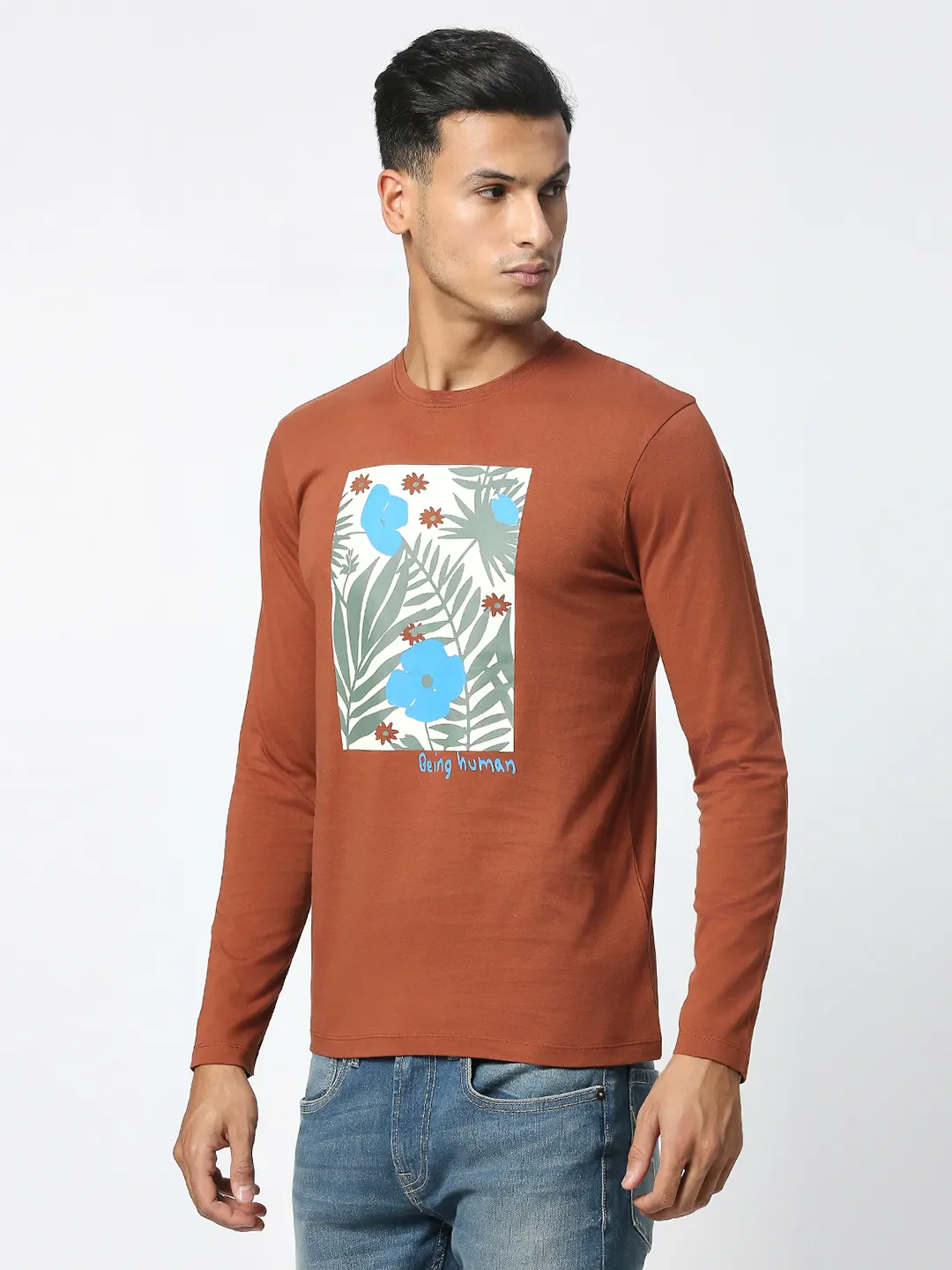 Brown Regular Fit Men's Long Sleeves T-Shirt by Being Human Clothing - Image 2