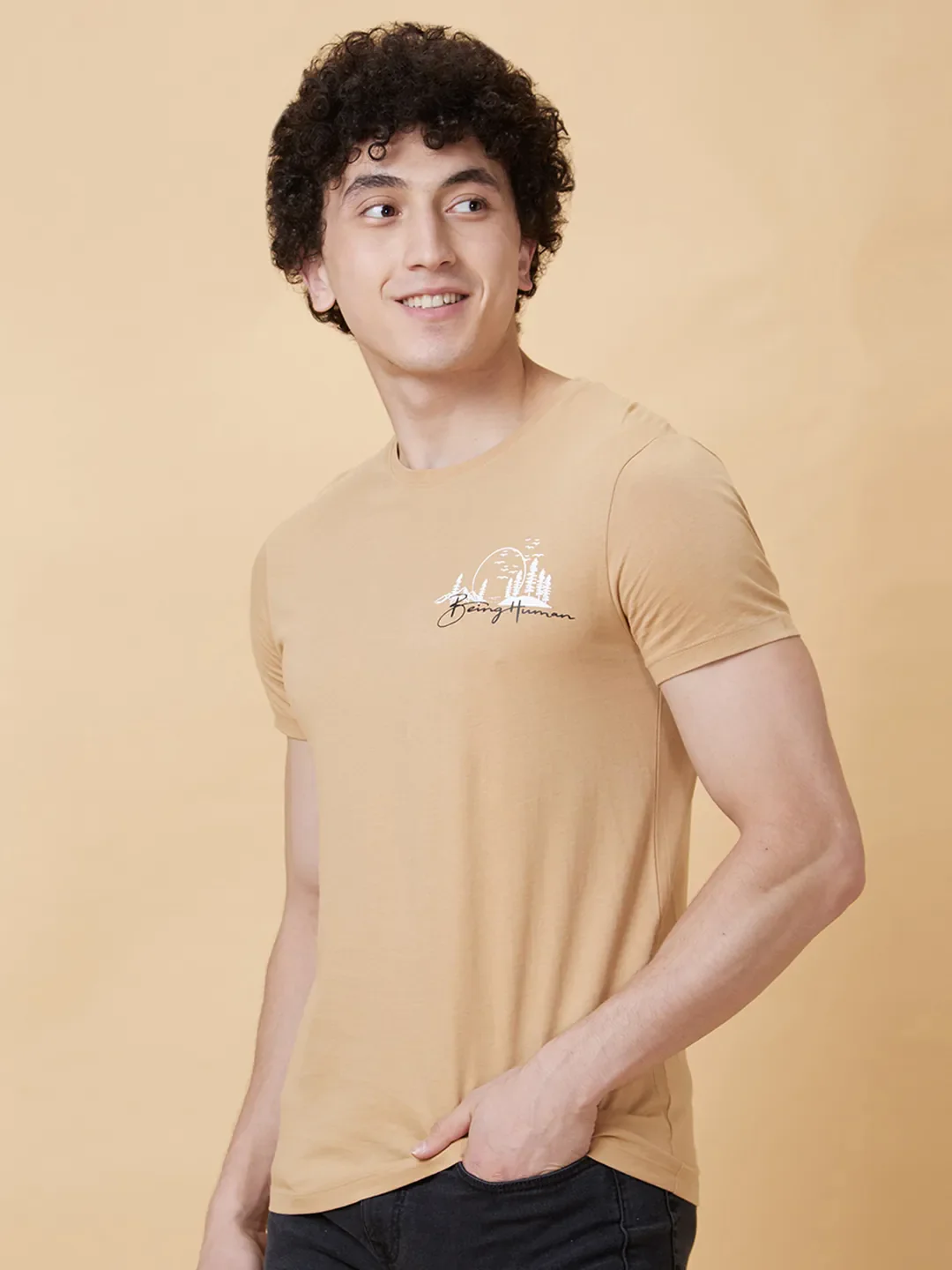 Champagne Beige Regular Fit Round Neck Men's T-Shirt by Being Human Clothing - Image 3