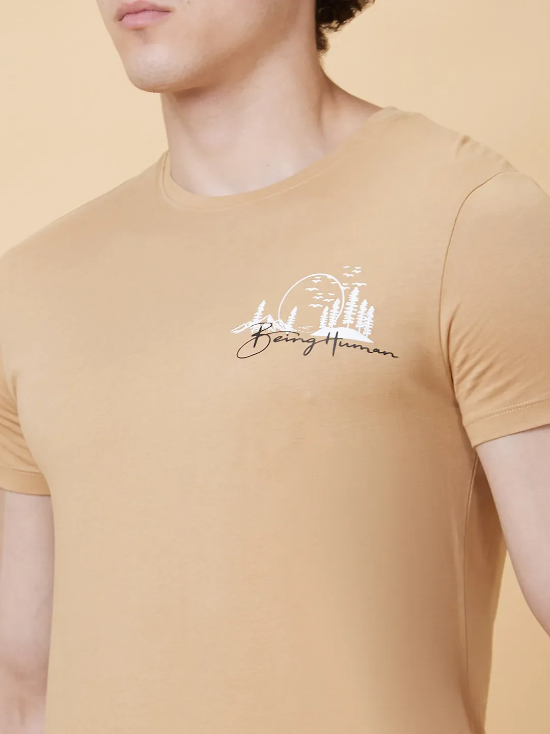 Champagne Beige Regular Fit Round Neck Men's T-Shirt by Being Human Clothing - Image 4