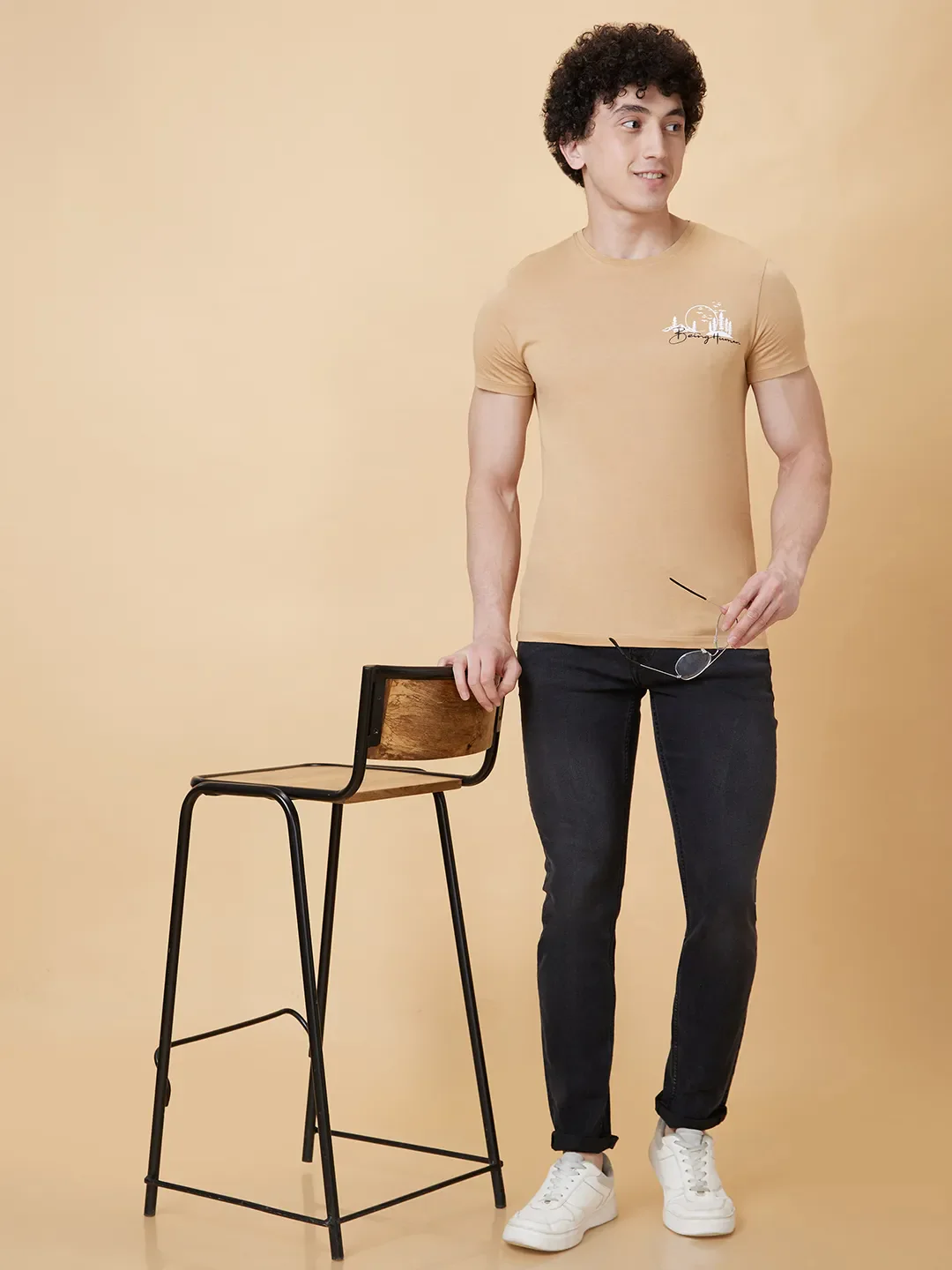 Champagne Beige Regular Fit Round Neck Men's T-Shirt by Being Human Clothing - Image 5