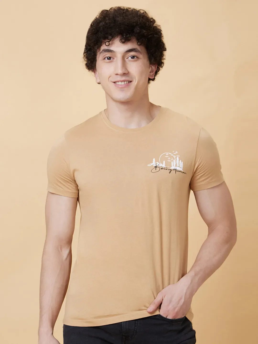 Champagne Beige Regular Fit Round Neck Men's T-Shirt by Being Human Clothing - Image 6