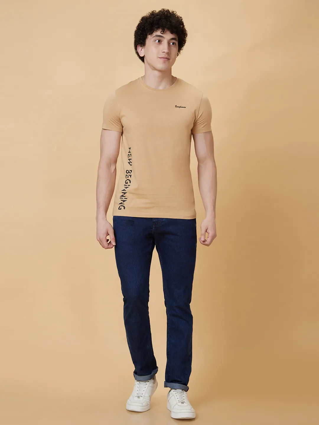 Beige Regular Fit Men's Short Sleeves T-Shirt by Being Human Clothing