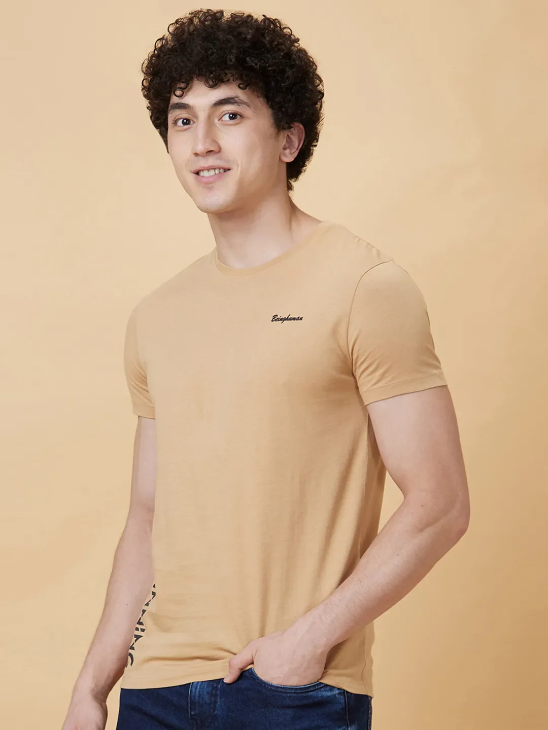 Beige Regular Fit Men's Short Sleeves T-Shirt by Being Human Clothing - Image 3