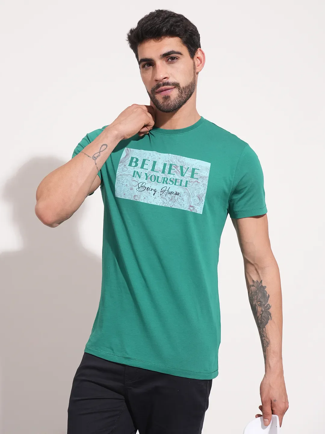 Green Regular Fit Round Neck Men's T-Shirt by Being Human Clothing - Image 6