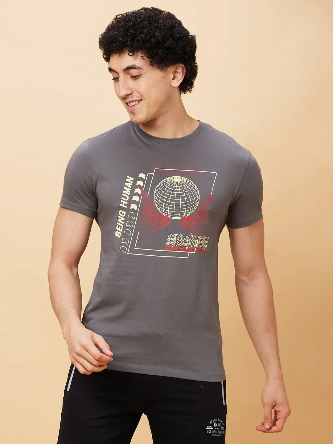 Grey Regular Fit Men's Short Sleeves T-Shirt by Being Human Clothing
