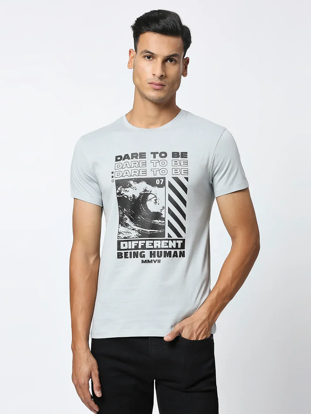 Grey Regular Fit Men's Short Sleeves T-Shirt by Being Human Clothing