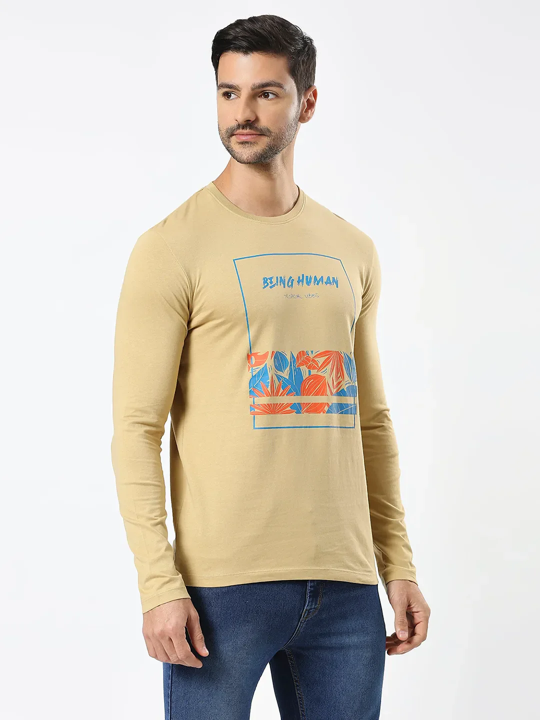 Khaki Regular Fit Men's Long Sleeves T-Shirt by Being Human Clothing - Image 4