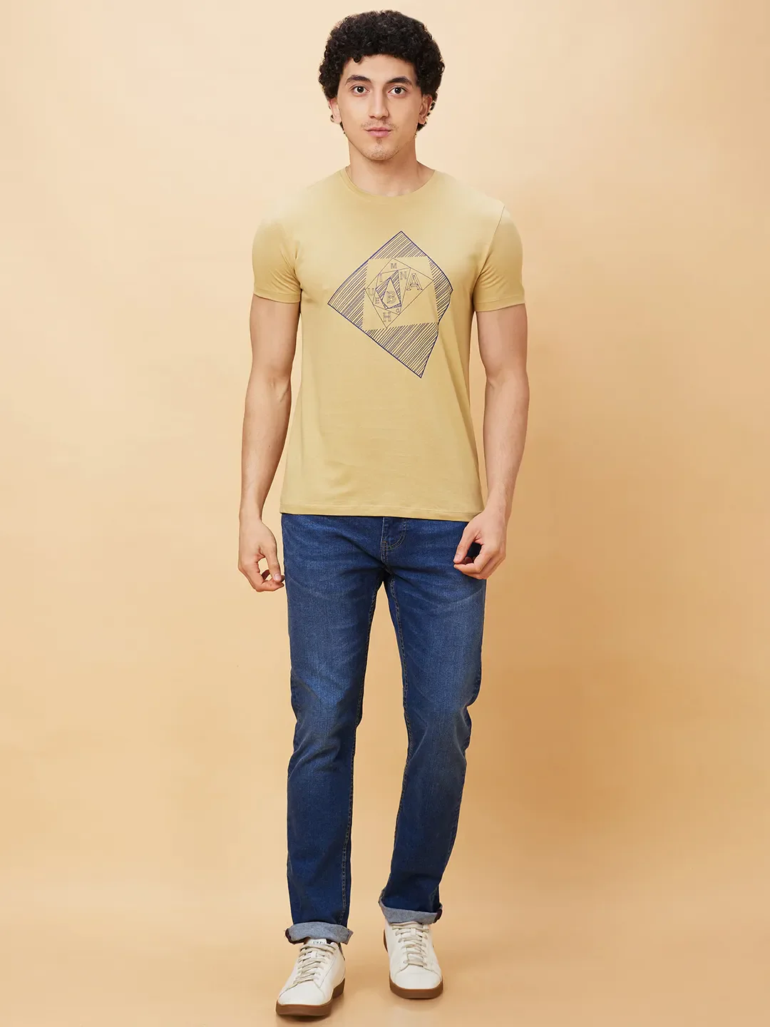 Light Khaki Regular Fit Round Neck Men's T-Shirt by Being Human Clothing - Image 5