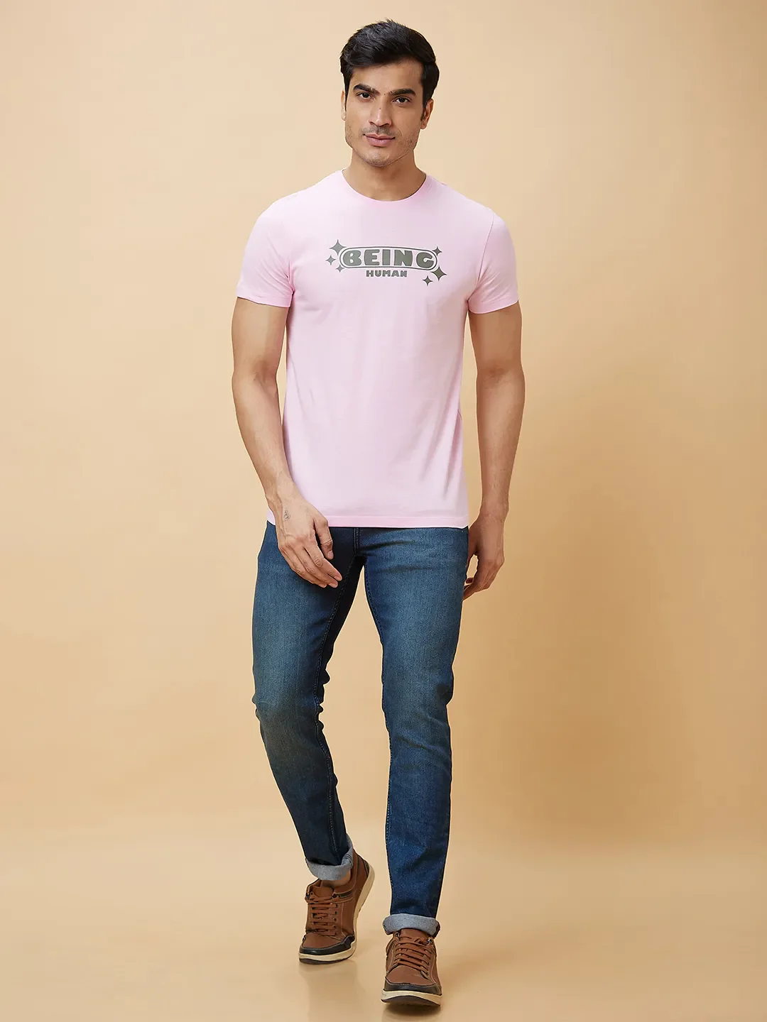 Light Pink Regular Fit Round Neck Men's T-Shirt by Being Human Clothing - Image 2