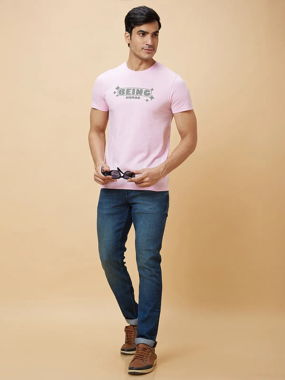 Light Pink Regular Fit Round Neck Men's T-Shirt by Being Human Clothing - Image 6