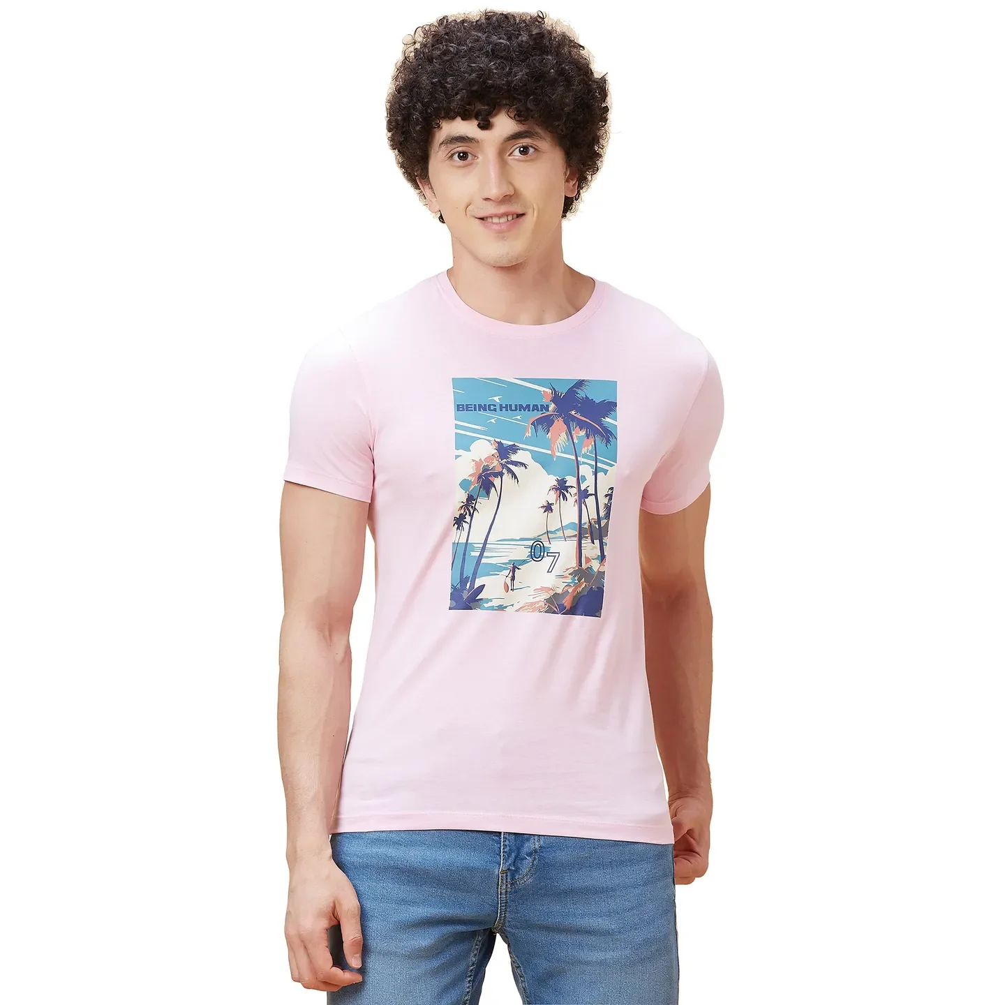 Light Pink Regular Fit Round Neck Men's T-Shirt by Being Human Clothing