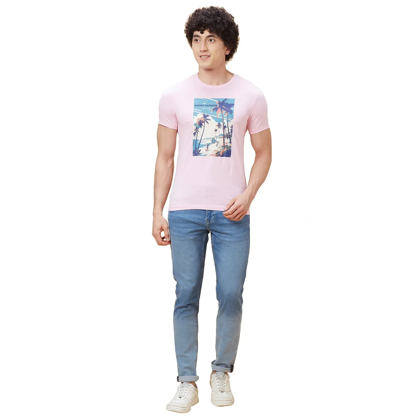 Light Pink Regular Fit Round Neck Men's T-Shirt by Being Human Clothing - Image 2