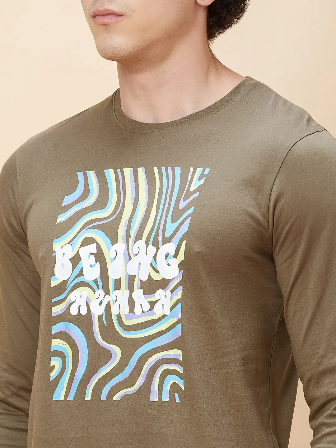 Green Regular Fit Men's Long Sleeves T-Shirt by Being Human Clothing - Image 2