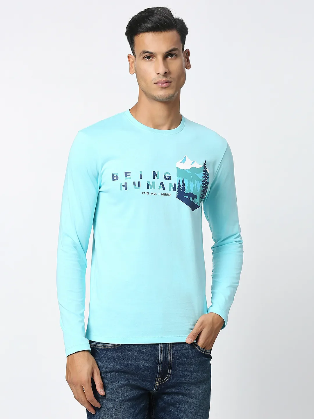Light Blue Regular Fit Men's Long Sleeves T-Shirt by Being Human Clothing