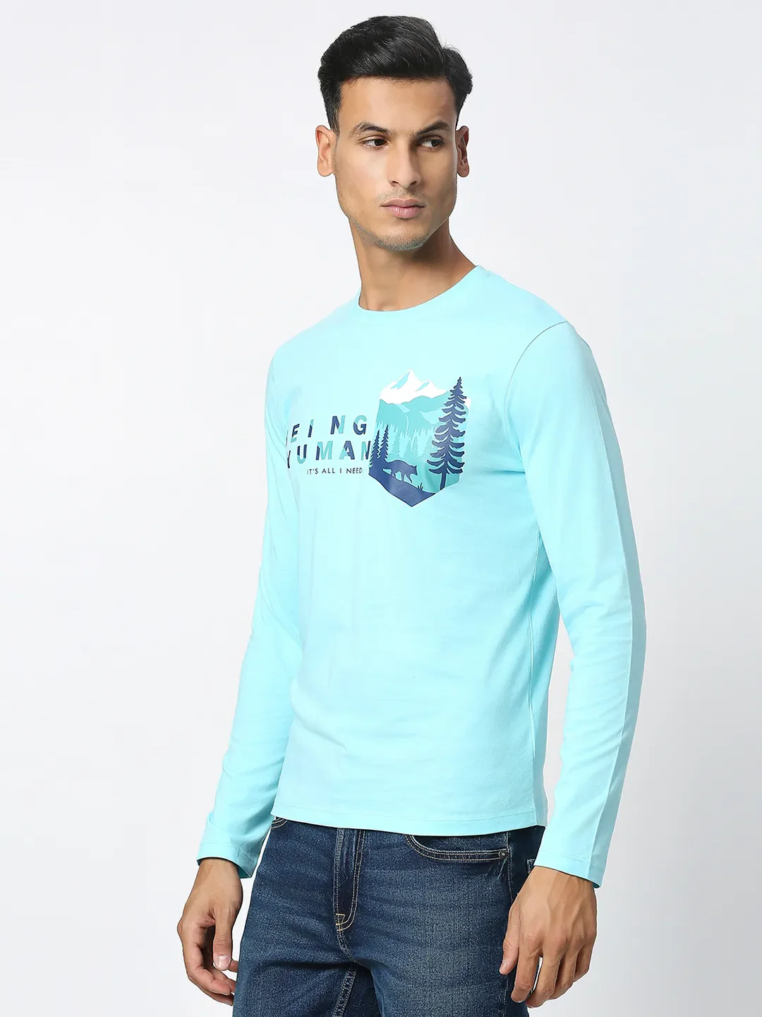 Light Blue Regular Fit Men's Long Sleeves T-Shirt by Being Human Clothing - Image 2