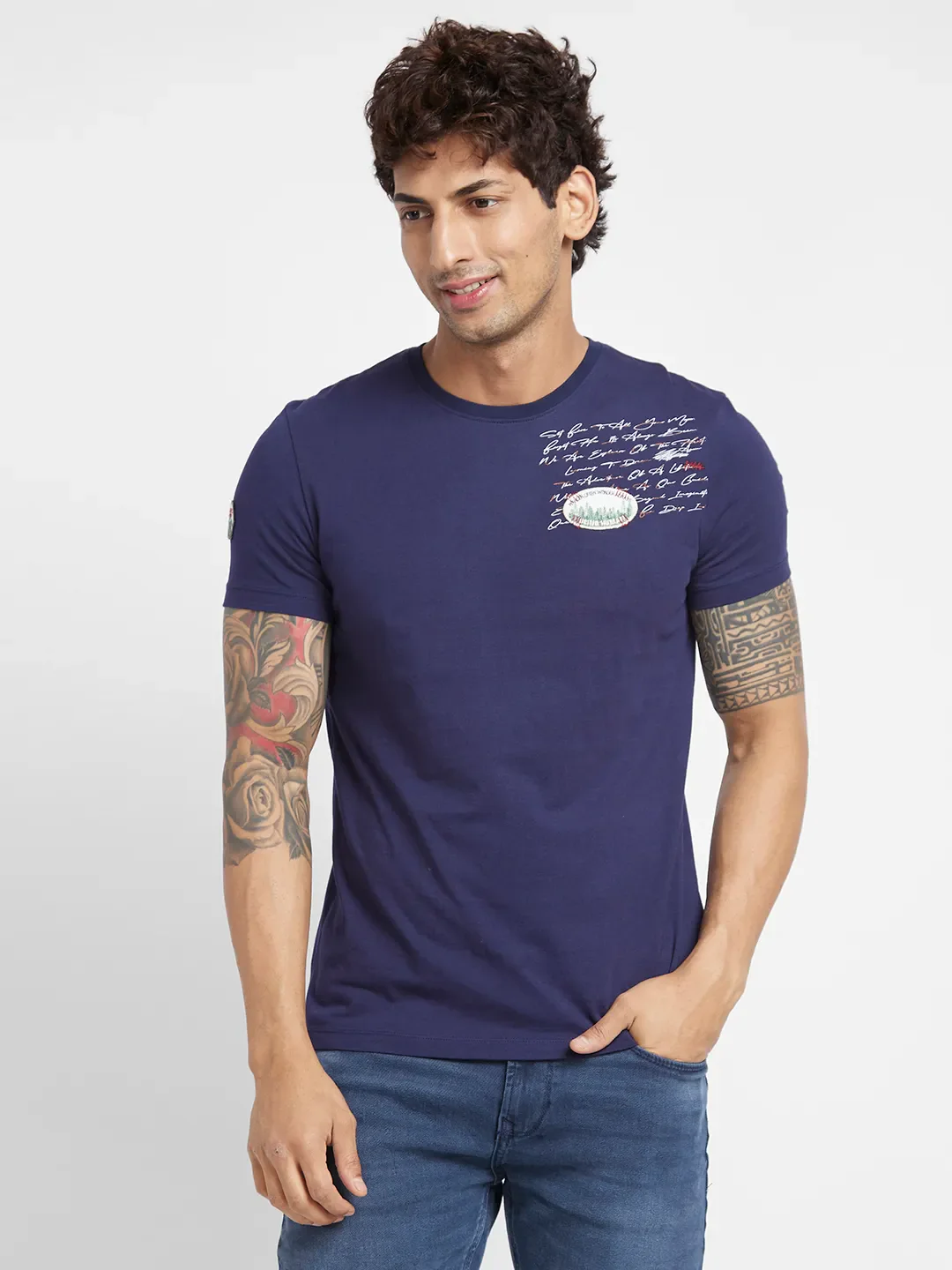 Navy Regular Fit Round Neck Men's T-Shirt by Being Human Clothing