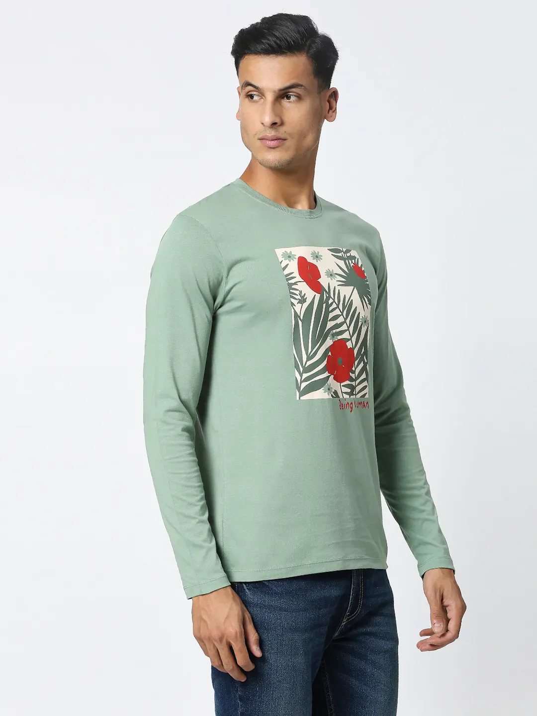 Green Regular Fit Men's Long Sleeves T-Shirt by Being Human Clothing - Image 4