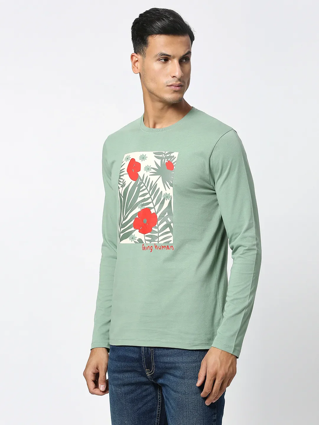 Green Regular Fit Men's Long Sleeves T-Shirt by Being Human Clothing - Image 5