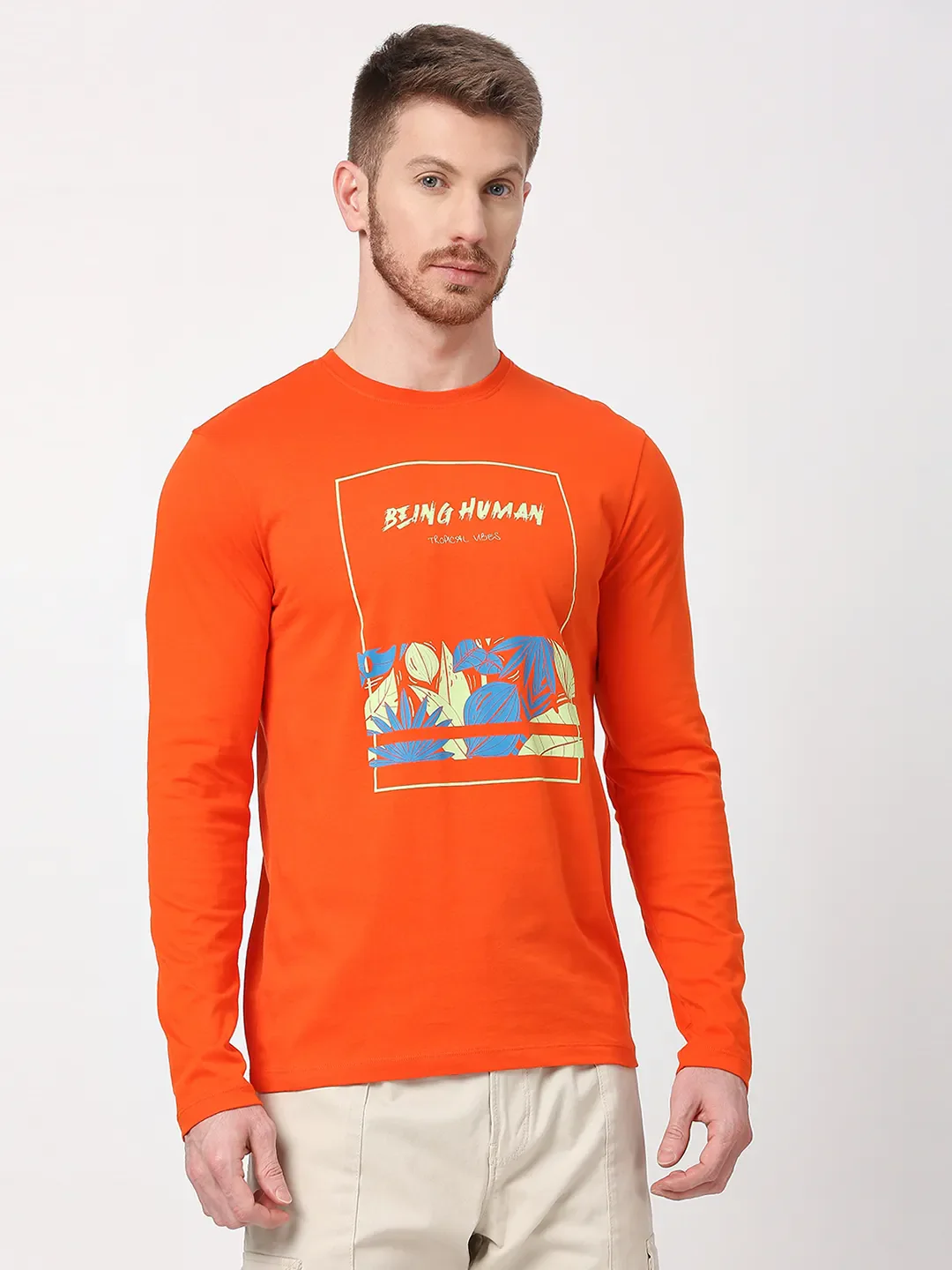 Orange Regular Fit Men's Long Sleeves T-Shirt by Being Human Clothing - Image 3