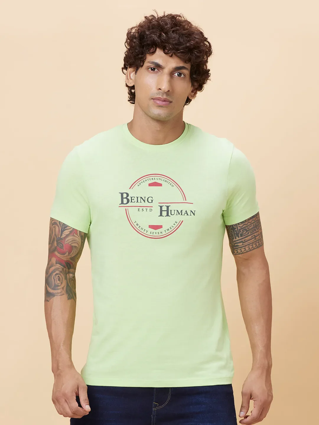 Sap Green Regular Fit Round Neck Men's T-Shirt by Being Human Clothing