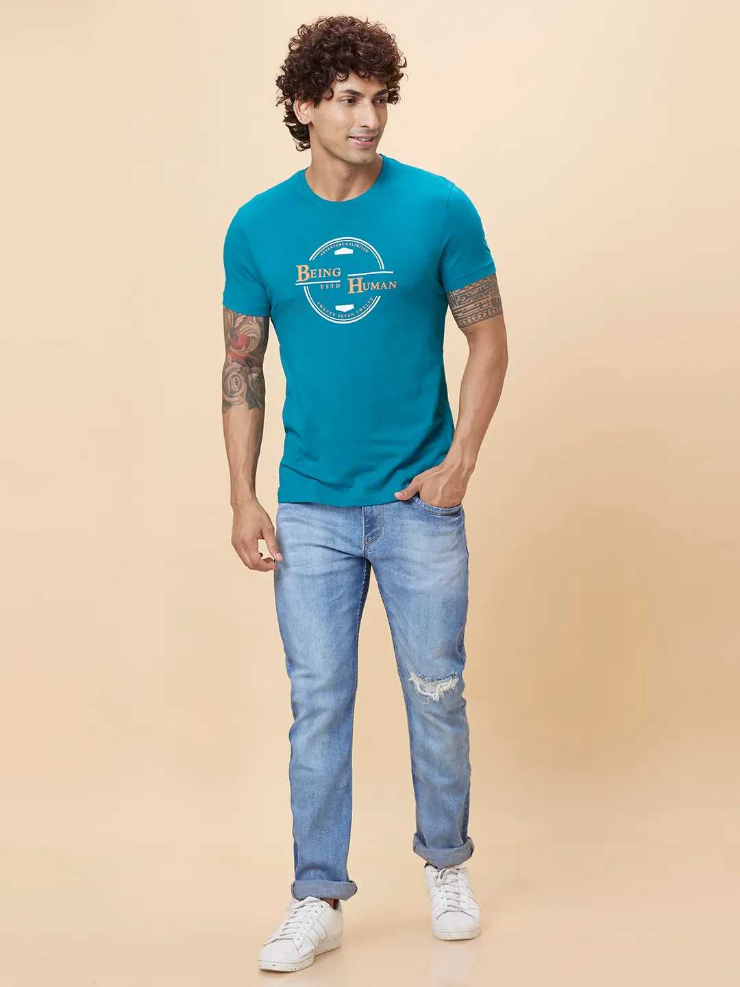 Blue Regular Fit Men's Short Sleeves T-Shirt by Being Human Clothing - Image 2