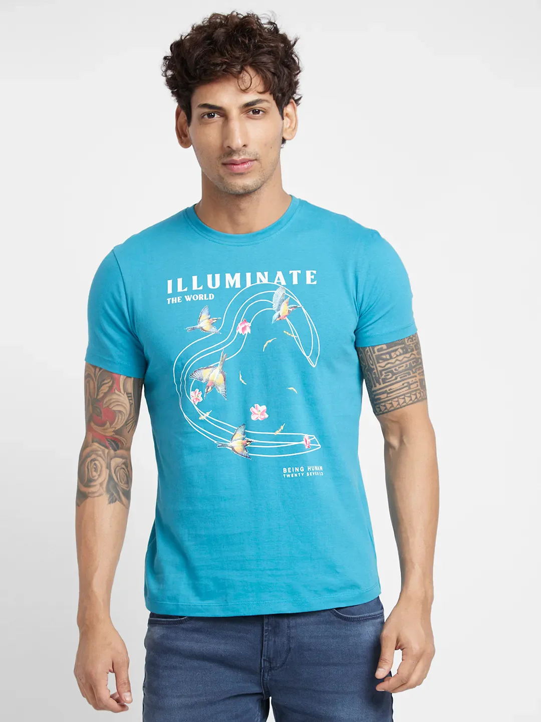 Tile Blue Regular Fit Round Neck Men's T-Shirt by Being Human Clothing