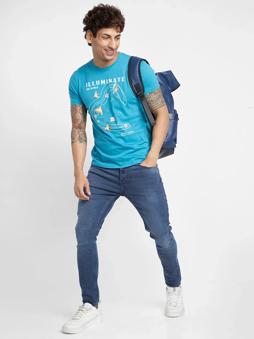 Tile Blue Regular Fit Round Neck Men's T-Shirt by Being Human Clothing - Image 6