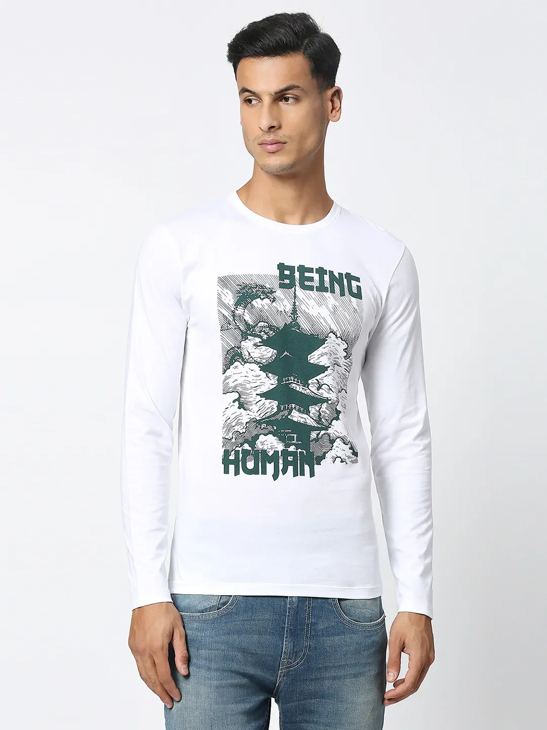 White Regular Fit Men's Long Sleeves T-Shirt by Being Human Clothing