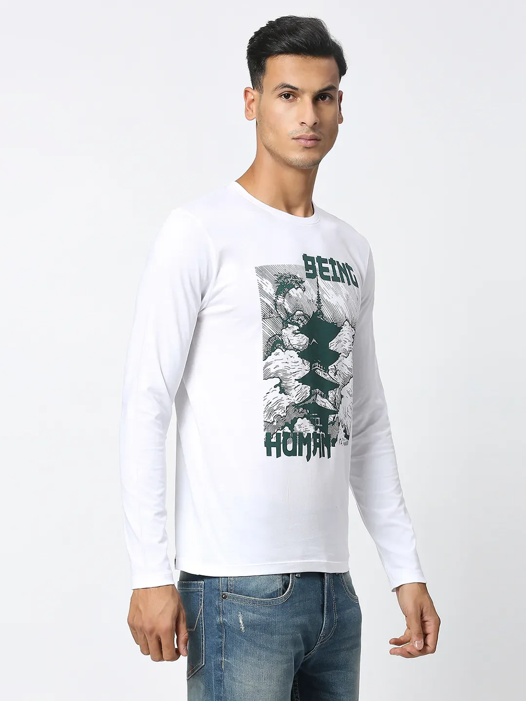 White Regular Fit Men's Long Sleeves T-Shirt by Being Human Clothing - Image 3