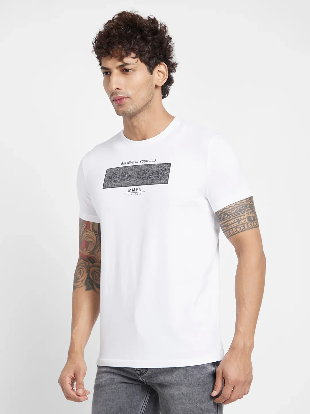 White Regular Fit Round Neck Men's T-Shirt by Being Human Clothing - Image 3
