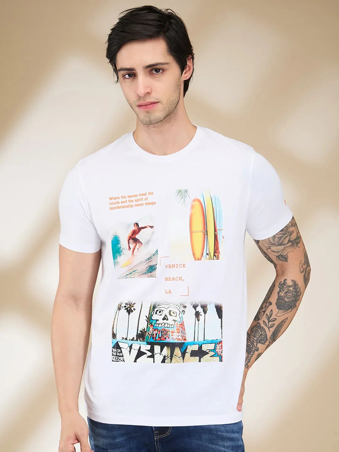 White Slim Fit Round Neck Men's T-Shirt by Being Human Clothing