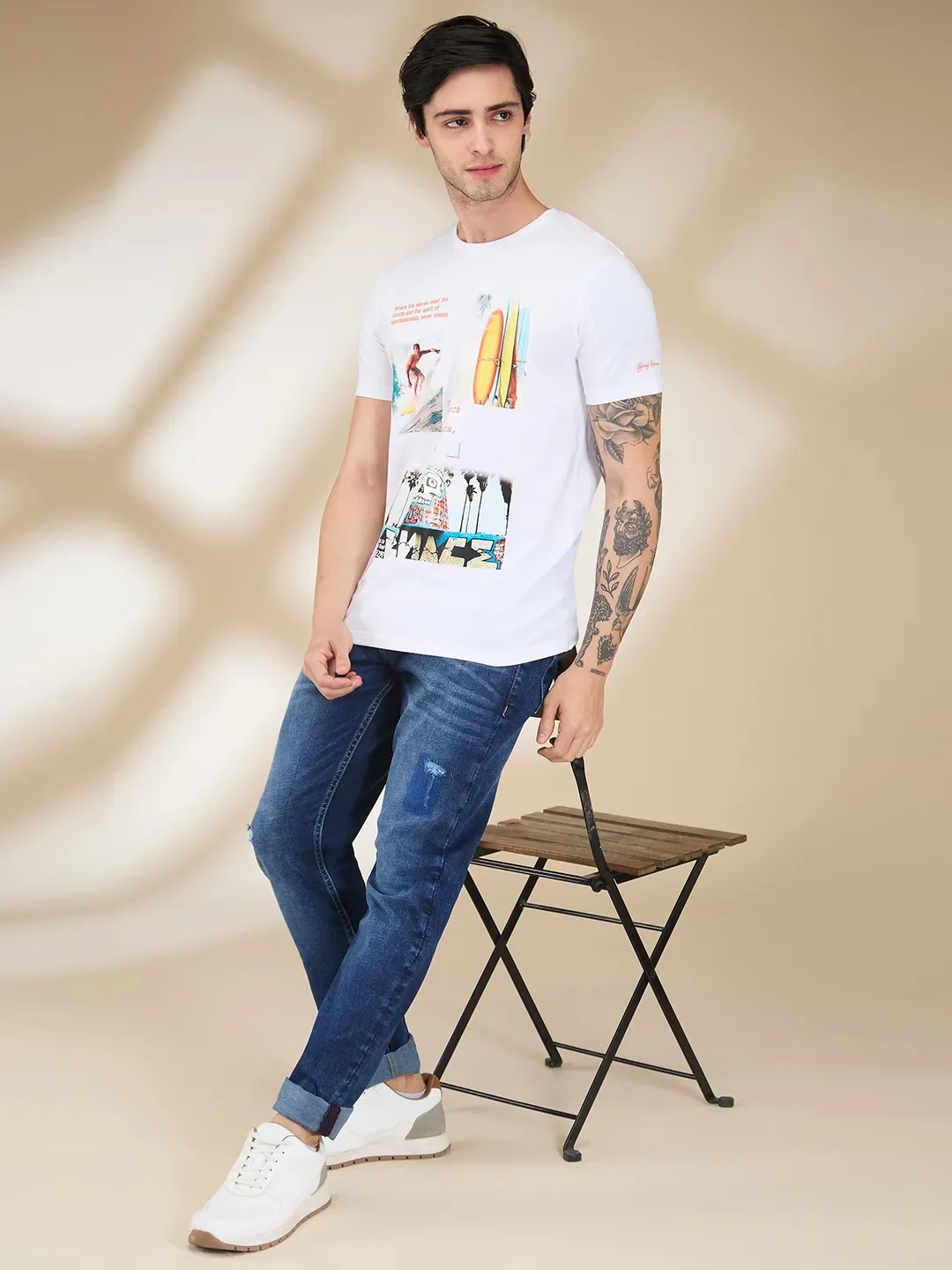 White Slim Fit Round Neck Men's T-Shirt by Being Human Clothing - Image 6