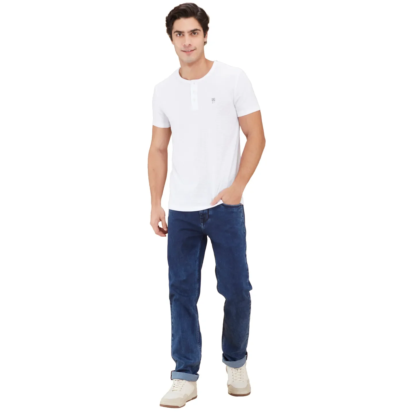 White Slim Fit Henley Neck Men's T-Shirt by Being Human Clothing - Image 2