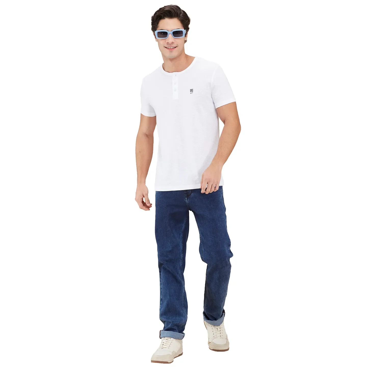 White Slim Fit Henley Neck Men's T-Shirt by Being Human Clothing - Image 6