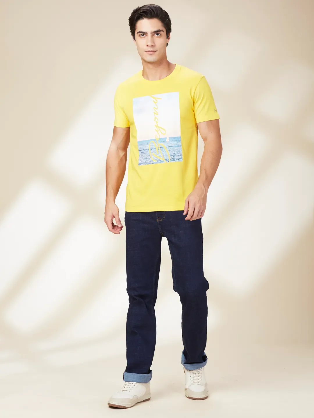 Yellow Slim Fit Round Neck Men's T-Shirt by Being Human Clothing - Image 2
