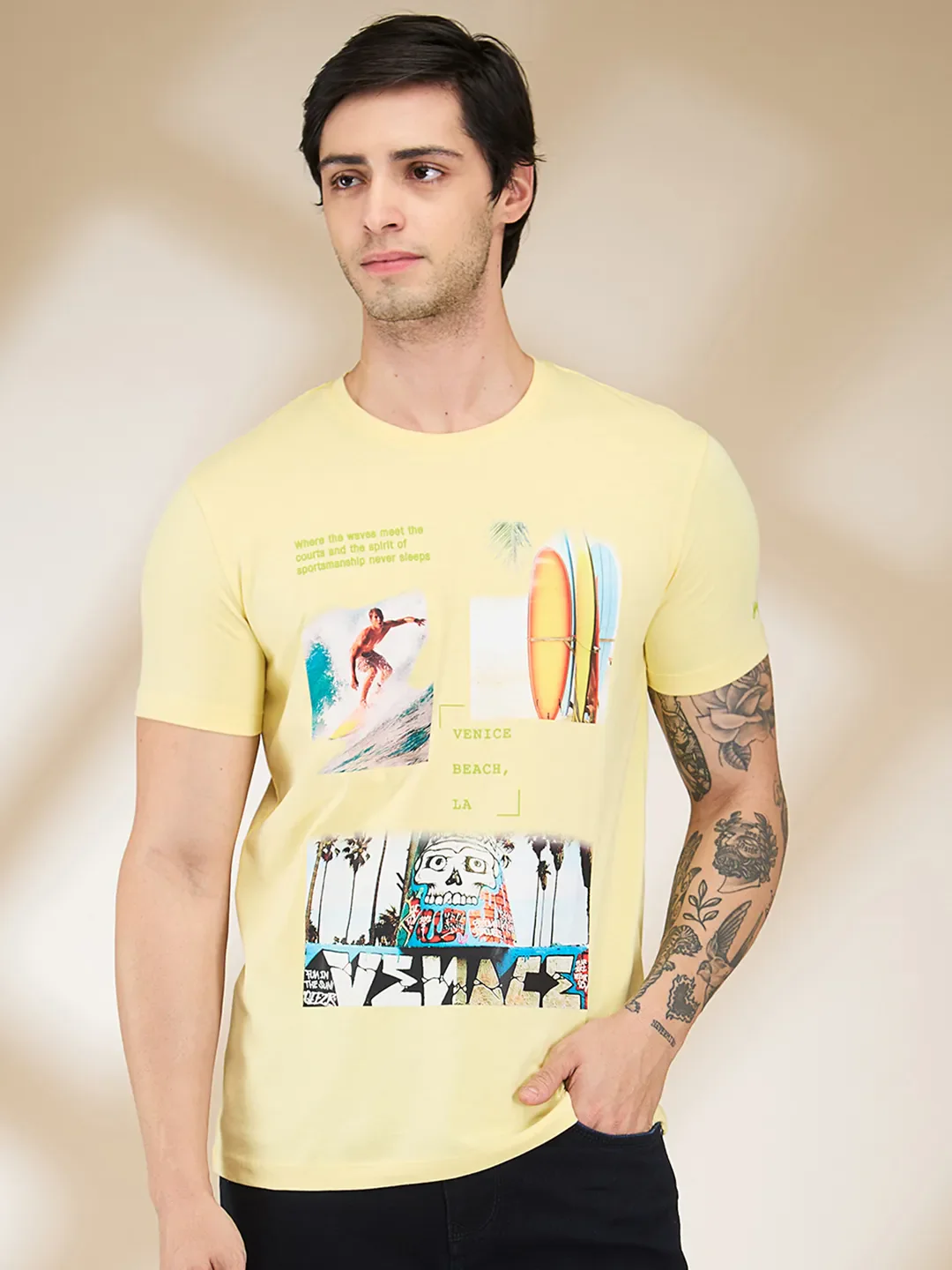 Yellow Slim Fit Round Neck Men's T-Shirt by Being Human Clothing